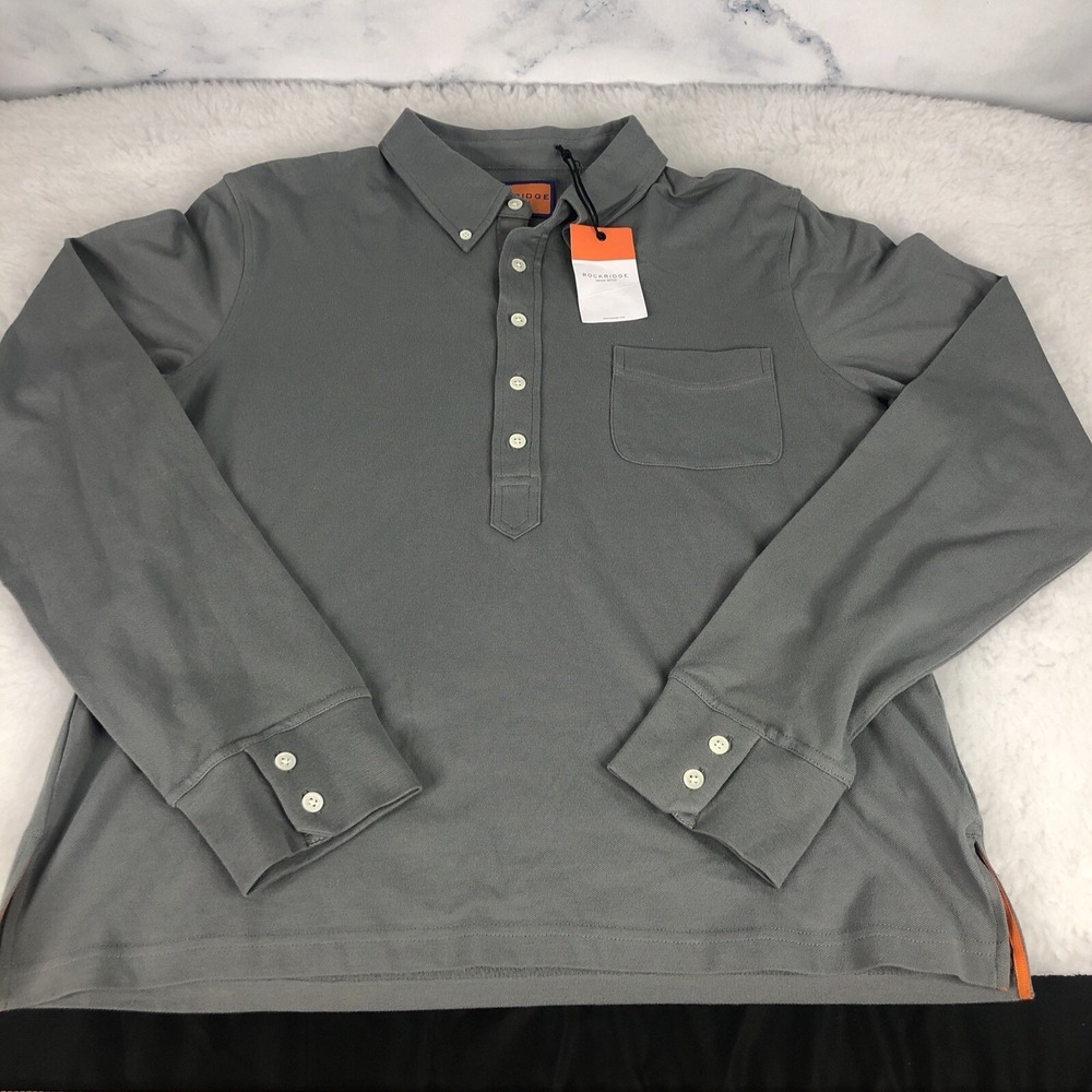 NWT Rockridge Mens Gray Long Sleeve Pocket Polo Shirt Size Medium